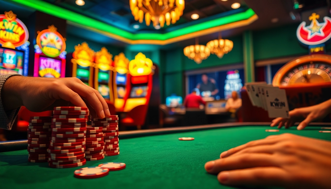 KWIN poker chips stack wins in an energetic casino scene with vibrant tables and slot machines.